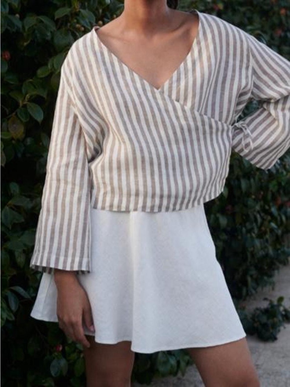 Linenfox White Mini Skirt with Cream-Striped Linen Top